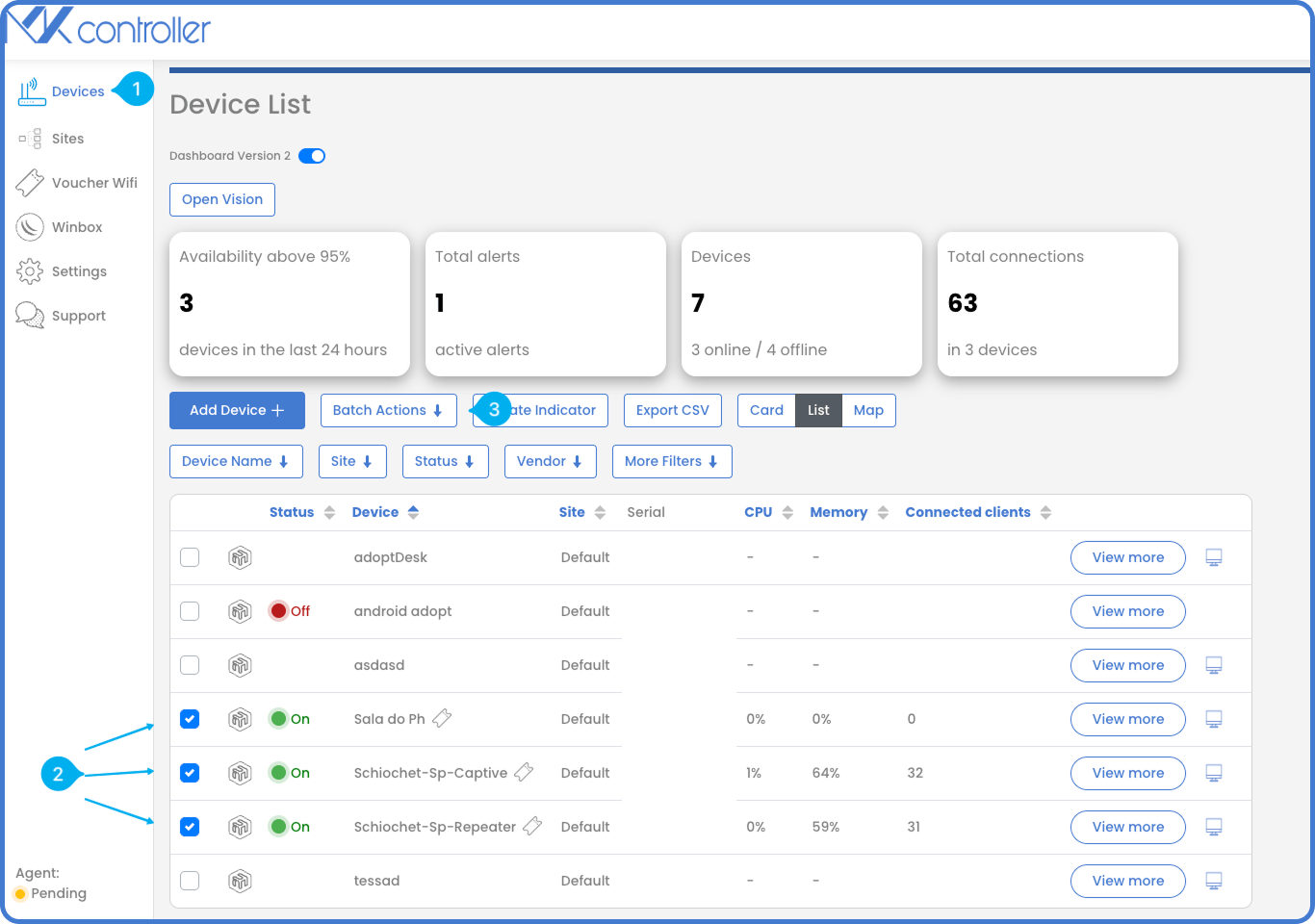 MKController device list with multiple MikroTik devices selected for batch work