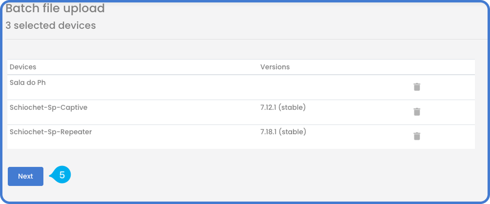 Batch upload confirmation screen listing the selected devices