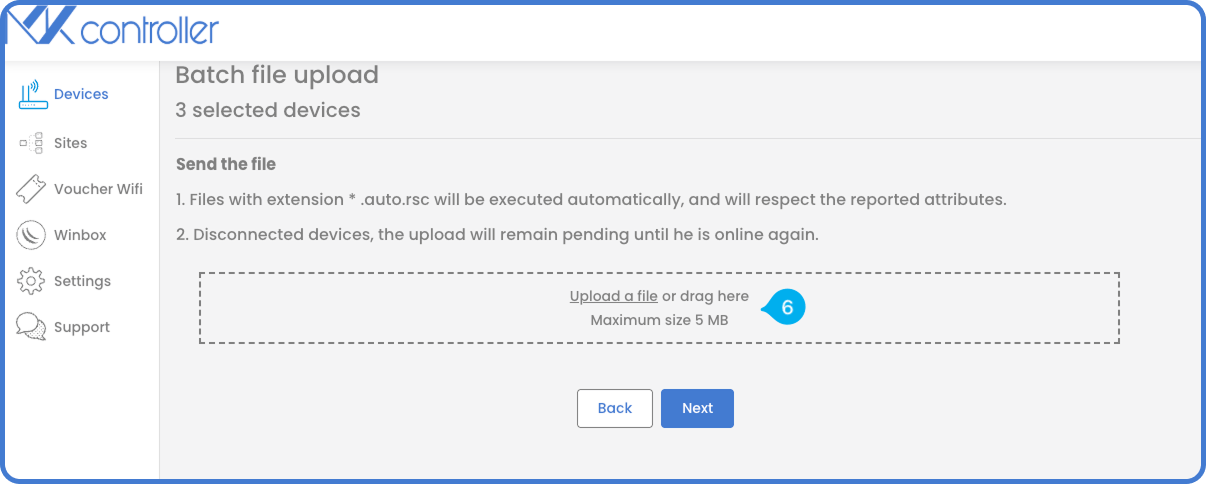 MKController upload screen for sending an .auto.rsc file