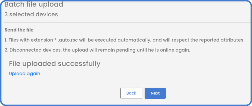 Completion screen after uploading a batch file in MKController