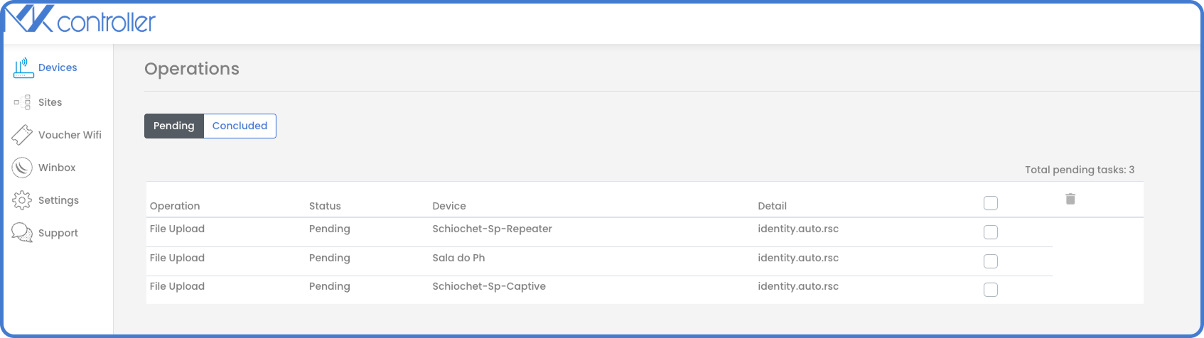 Operations page showing pending bulk update tasks for MikroTik devices