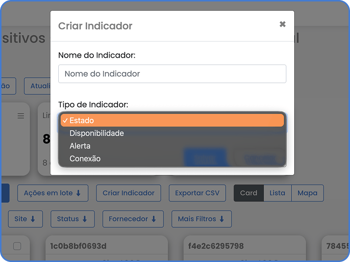 Create Indicator modal with indicator types: Status, Availability, Alerts and Connections (source screenshot: Criar Indicador.png)