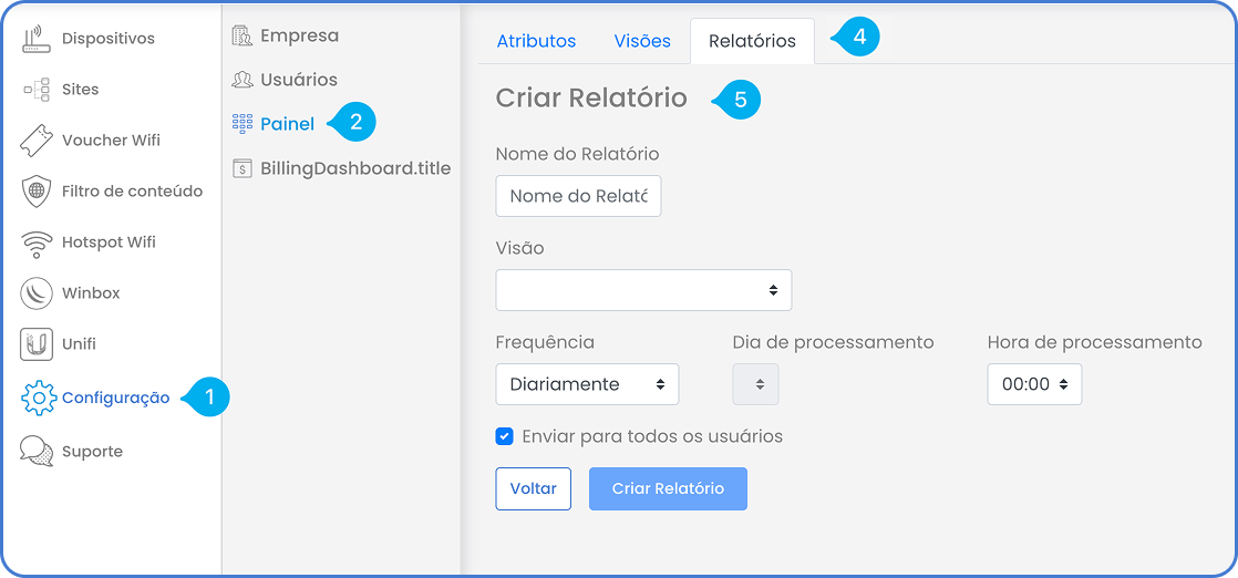 Create Report screen showing report name, linked view, frequency and processing time (source screenshot: Criar Relatório.png)