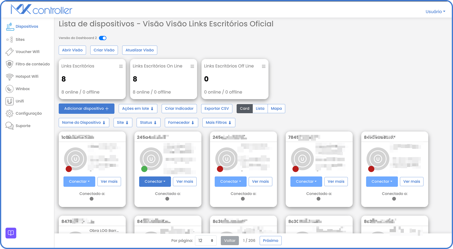 Dashboard 3.0 Card mode showing device cards and top filters (source screenshot: Dashboard 3.0 - Card.png)