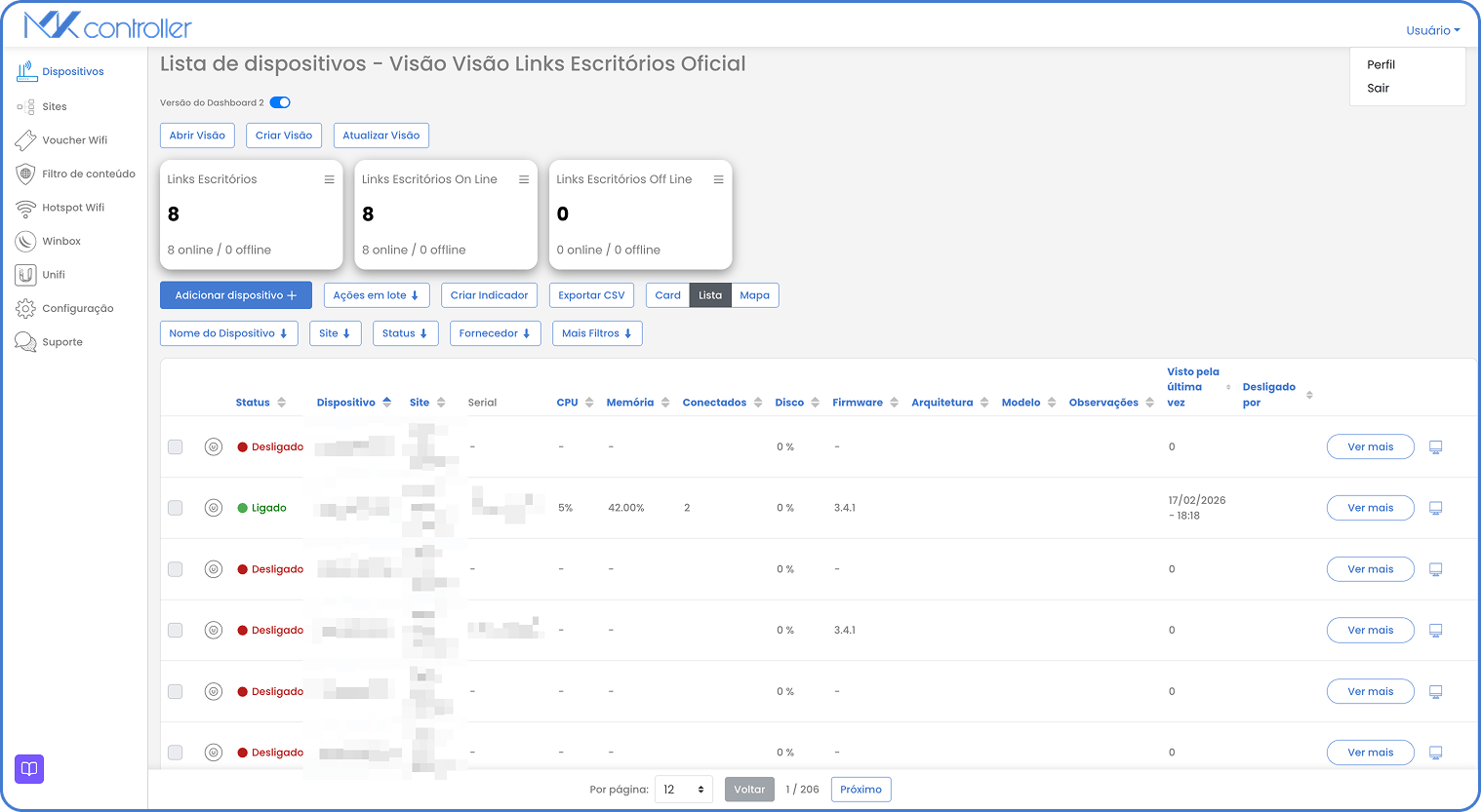 Dashboard 3.0 List mode with table columns like status, site, CPU, memory and firmware (source screenshot: Dashboard 3.0 - List.png)