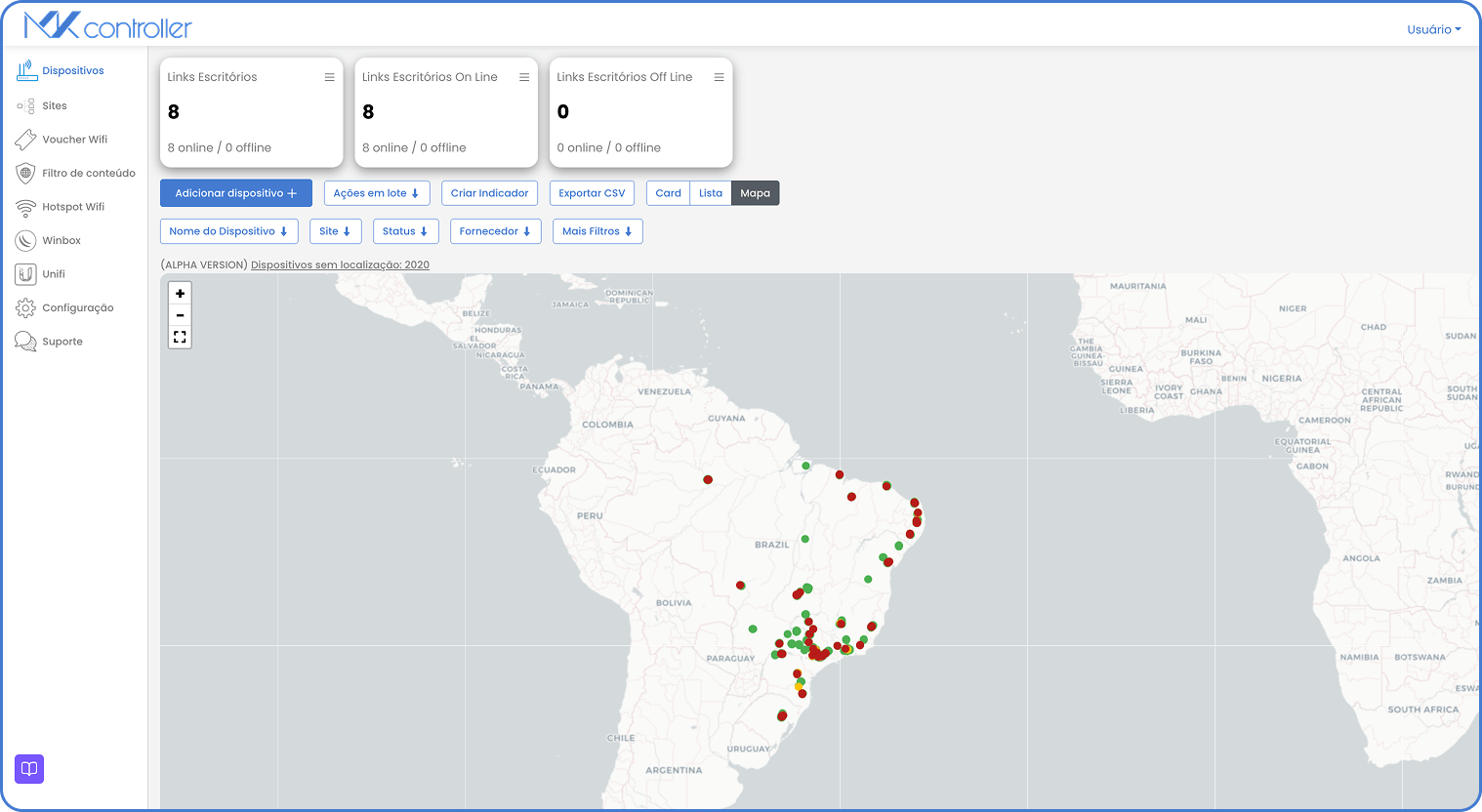Dashboard 3.0 Map mode with colored markers indicating online, alert and offline devices (source screenshot: Dashboard 3.0 - Map.png)