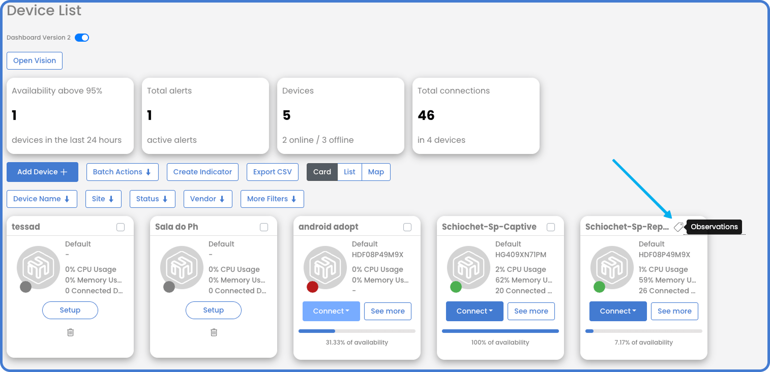 Dashboard 3.0 Card mode showing a device card with the clickable Observations tag visible
