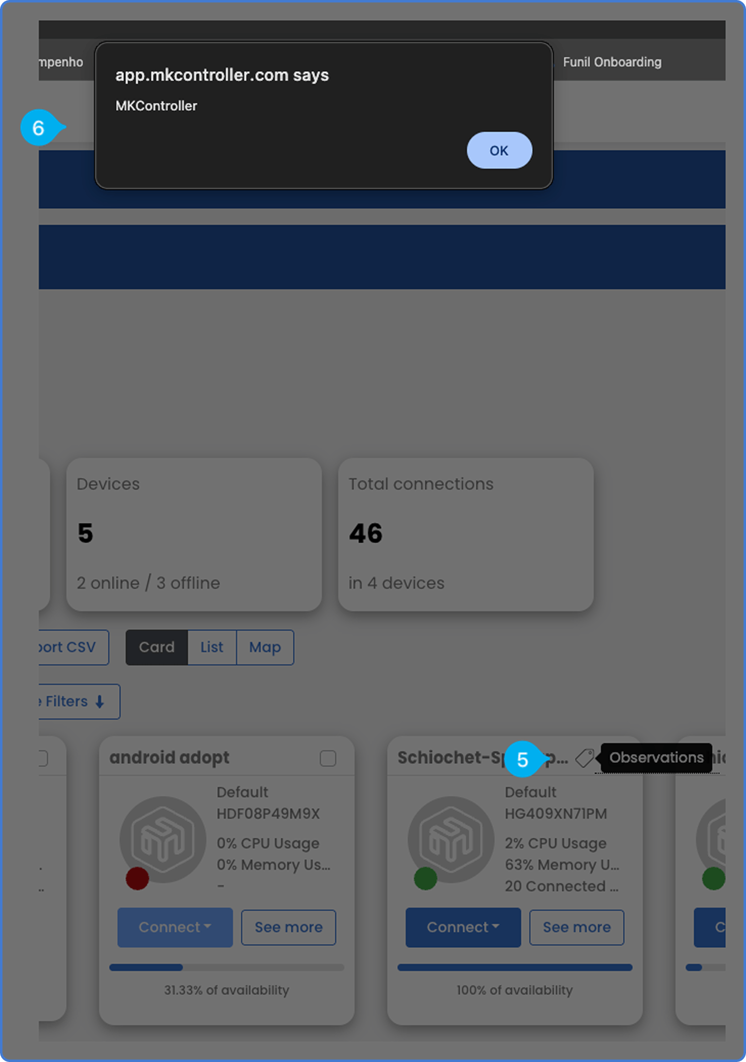 Dashboard card with the Observations tag highlighted and a popup displaying the saved note text