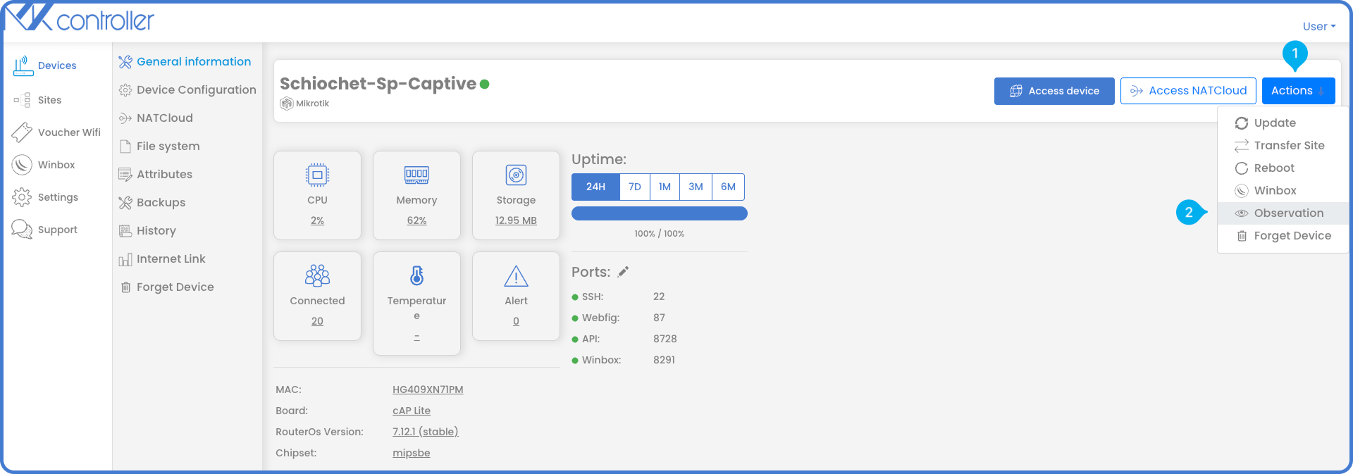 Device details page showing the Actions menu and the Observation option in MKController