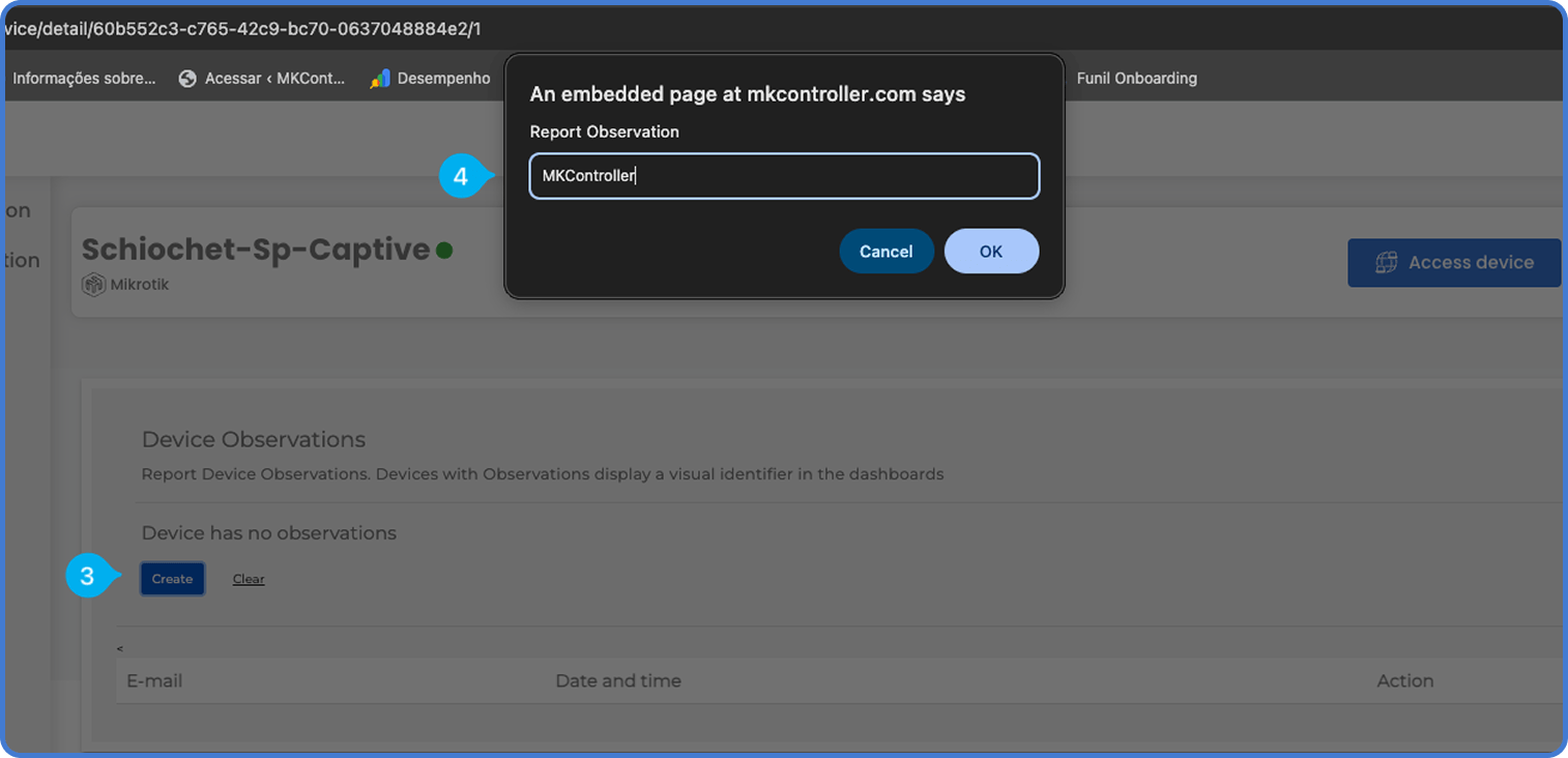 Observation creation flow showing the Create button and the text entry popup for a device note