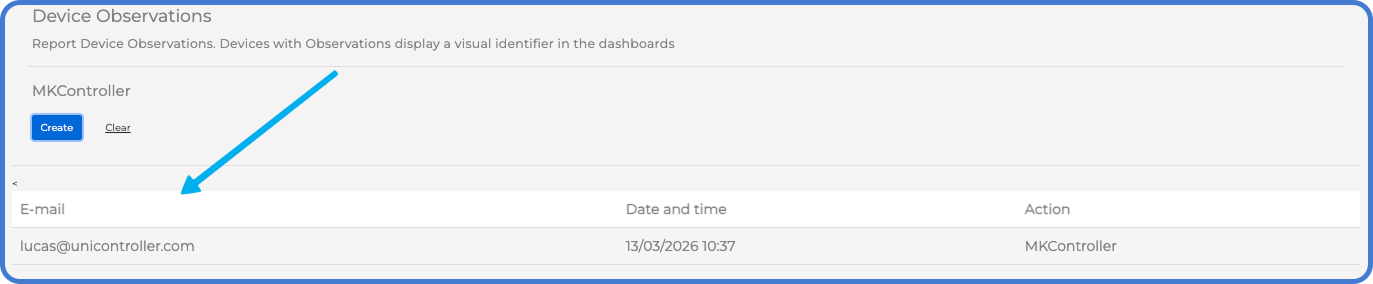 Device Observations management screen showing registered entries and the Clear option in MKController