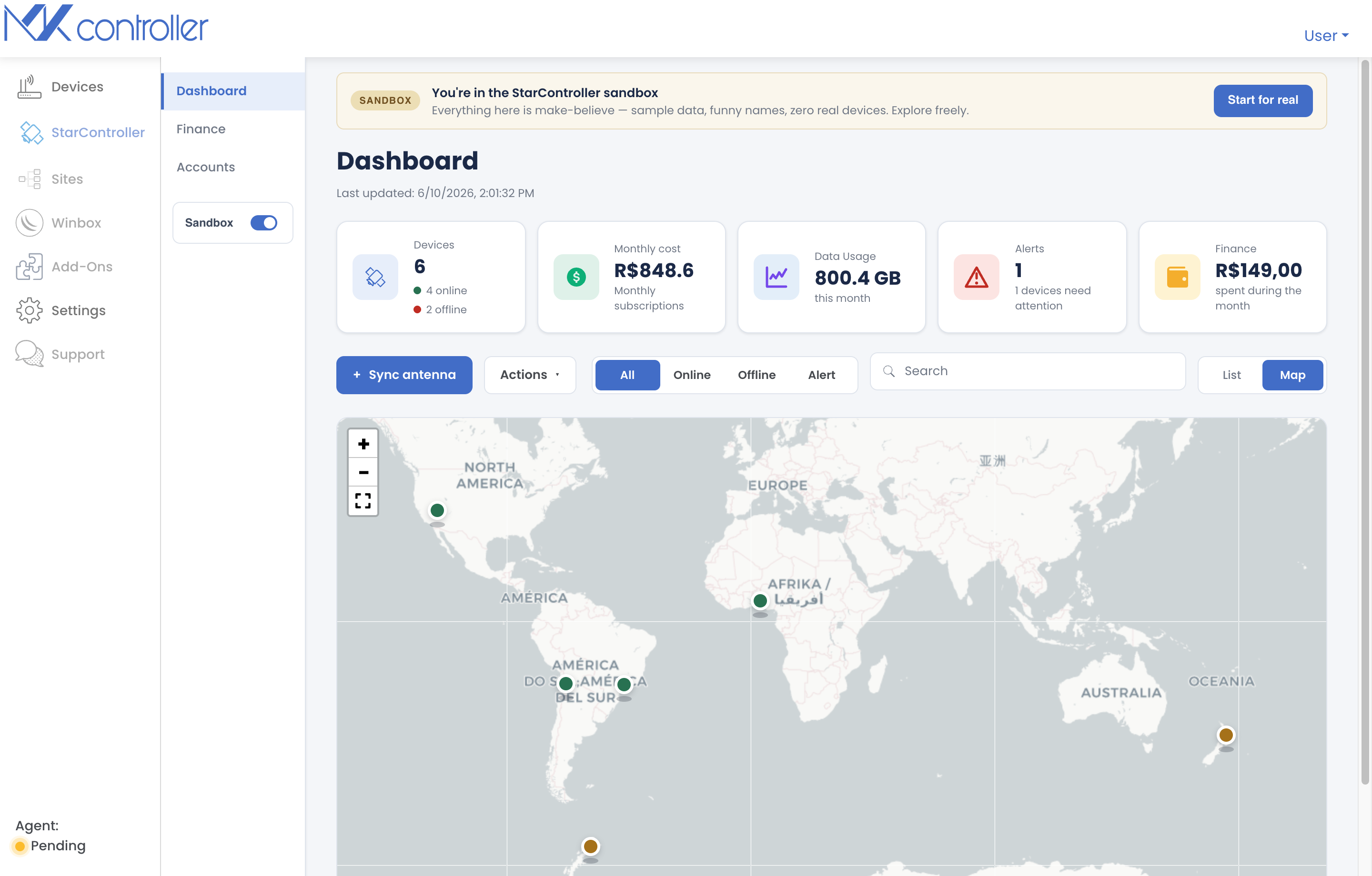 StarController-kaartweergave met Starlink-terminals uitgezet per locatie en kleurgecodeerd op status