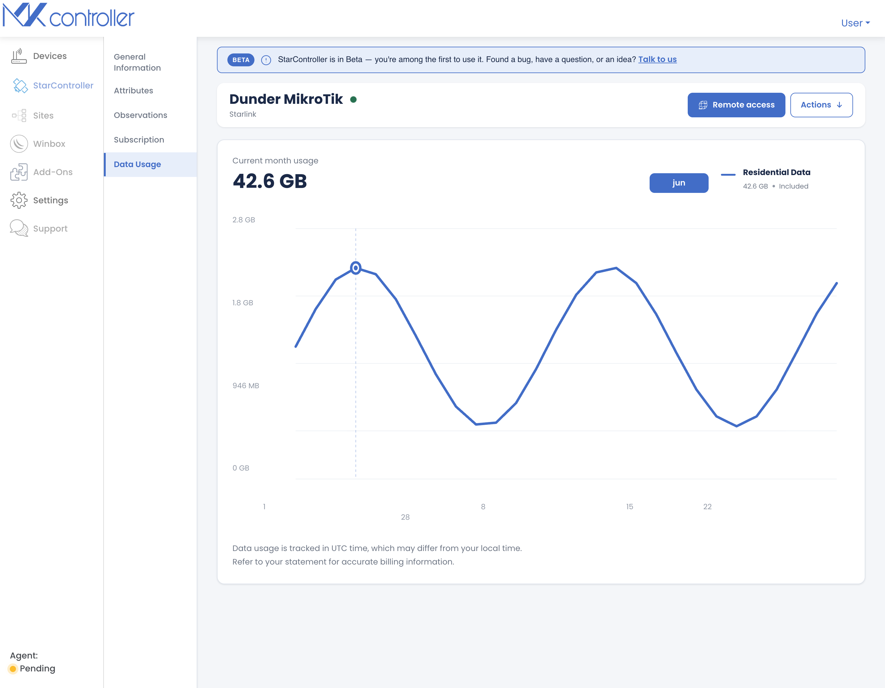 StarController terminal data-usage tab: current-month total and a daily usage graph for the billing period