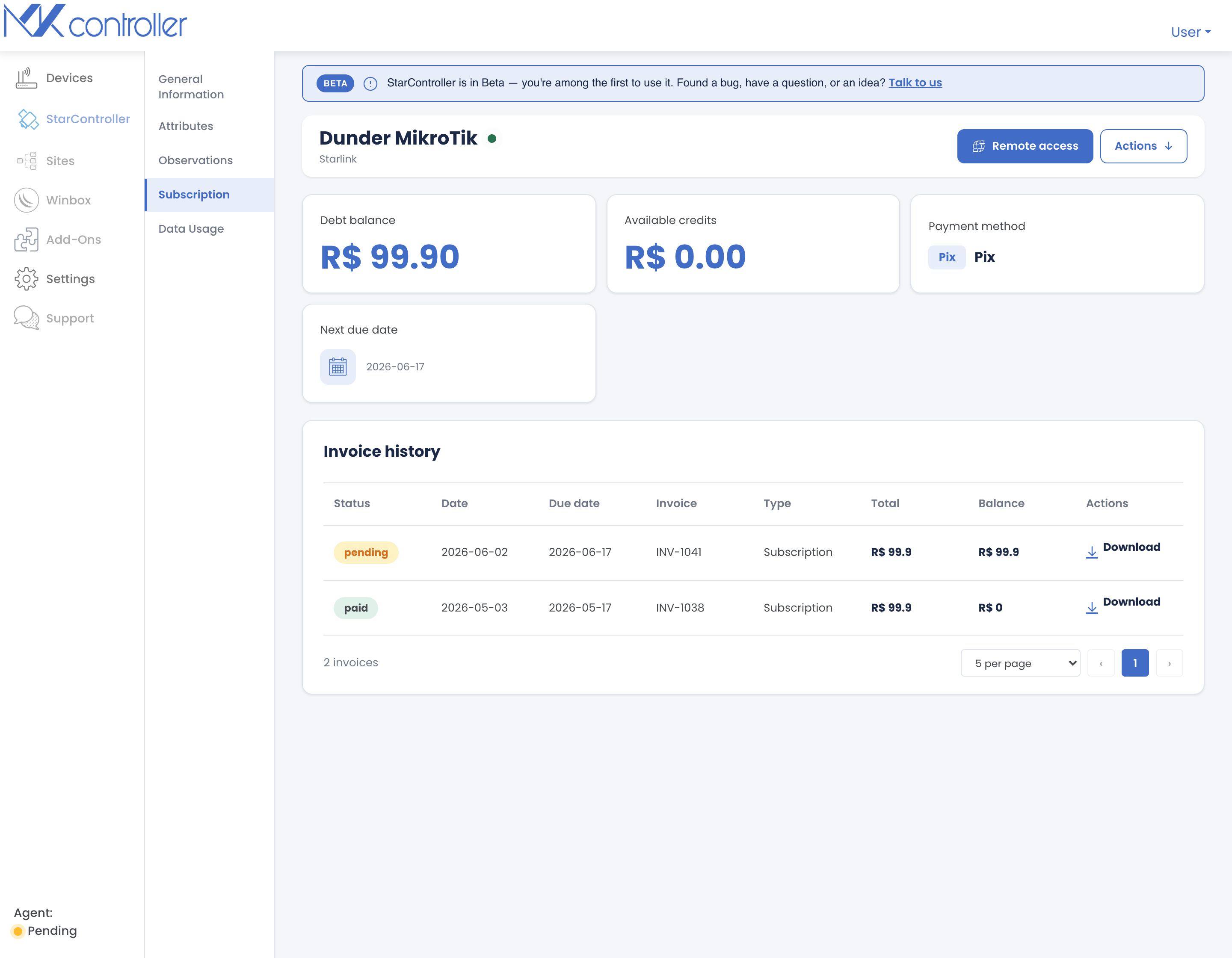 StarController terminal subscription tab: debt balance, available credits, payment method, next due date, and invoice history