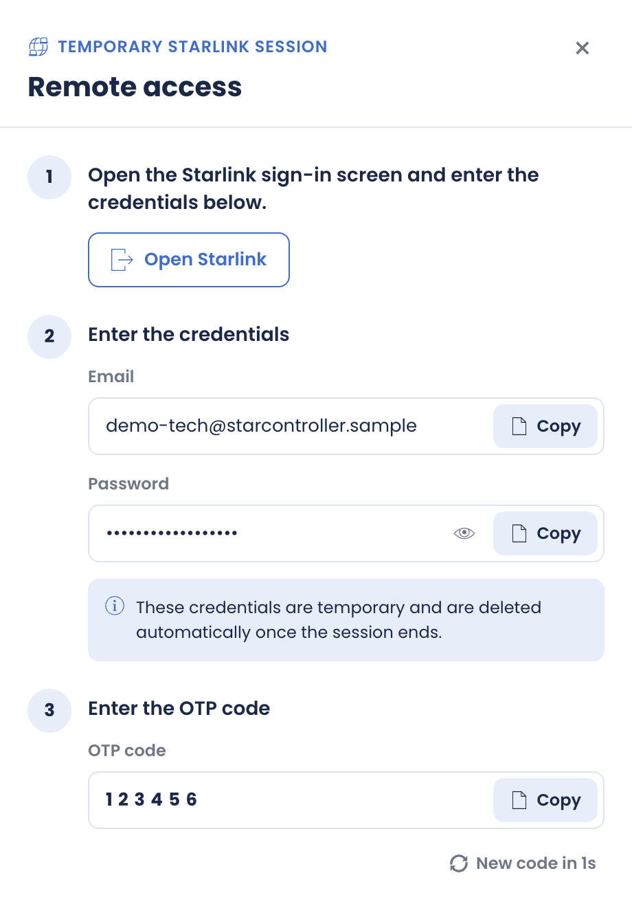 StarController Remote access: open Starlink, kopieer de tijdelijke e-mail, het wachtwoord en de OTP-code, met een notitie dat de inloggegevens worden verwijderd wanneer de sessie eindigt