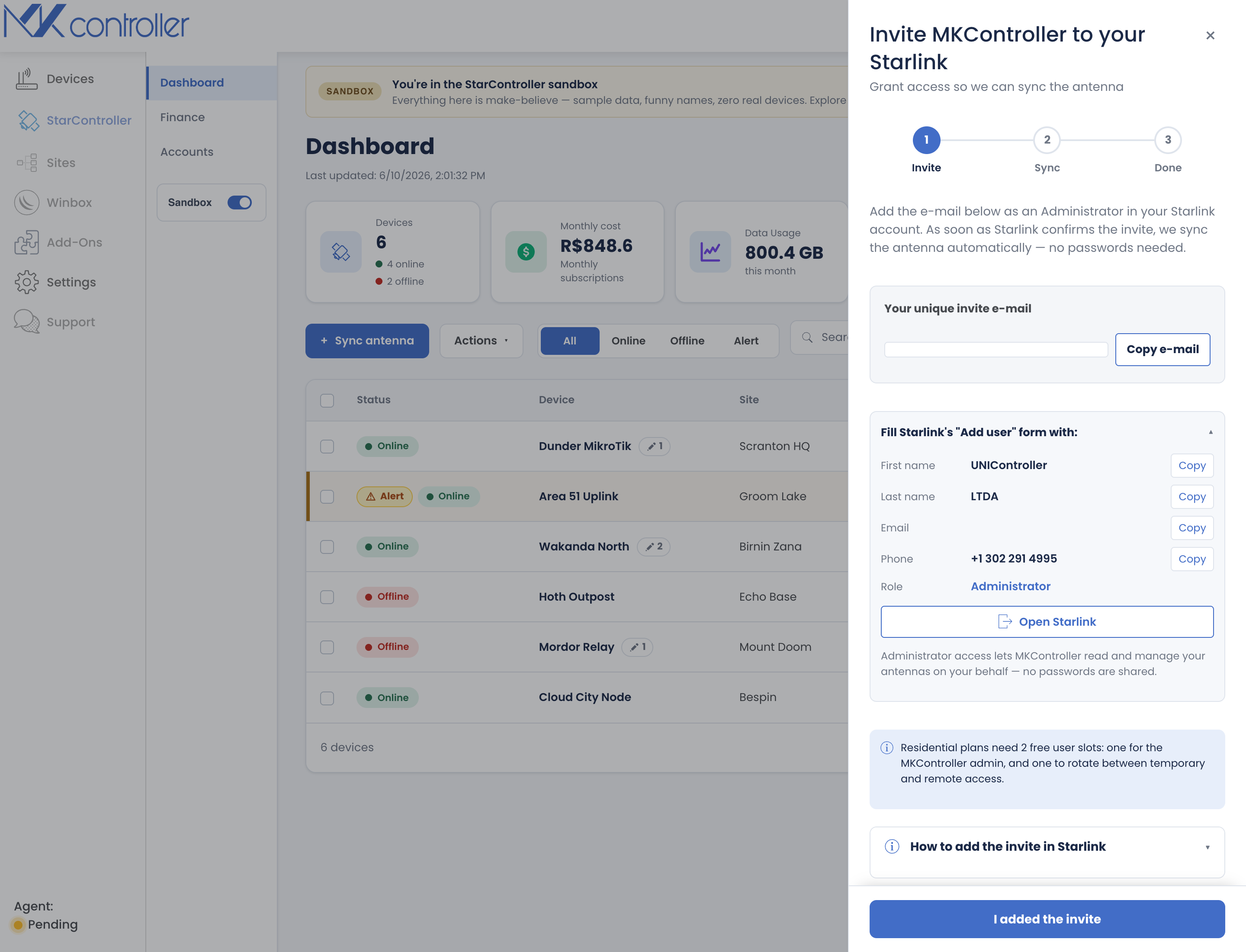 StarController invite step: a unique invite e-mail and the Add-user fields (name, e-mail, phone, role Administrator) to enter in your Starlink account