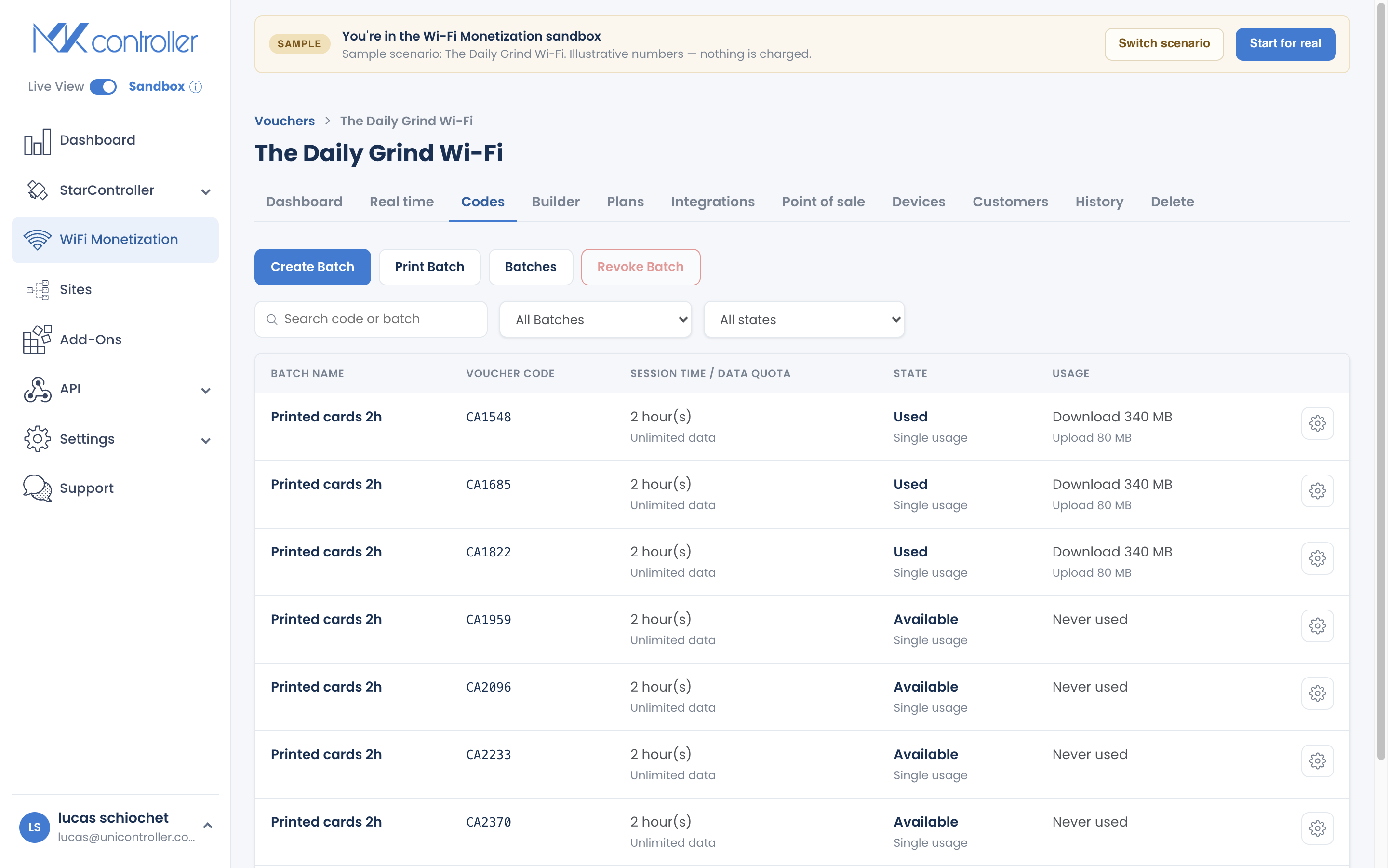 Codes section with existing batches in WiFi Monetization