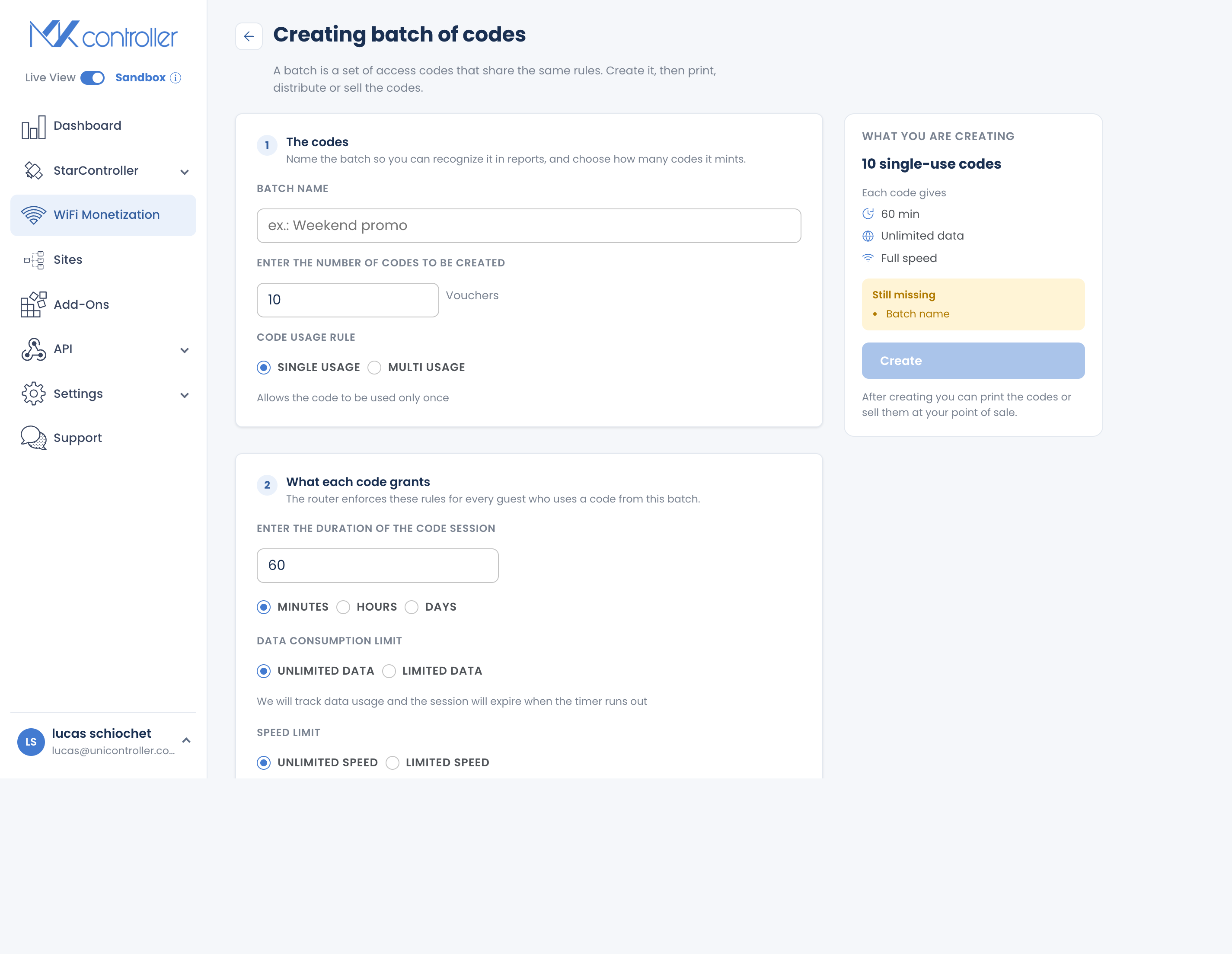 Batch Create form with count, usage mode, duration, and price