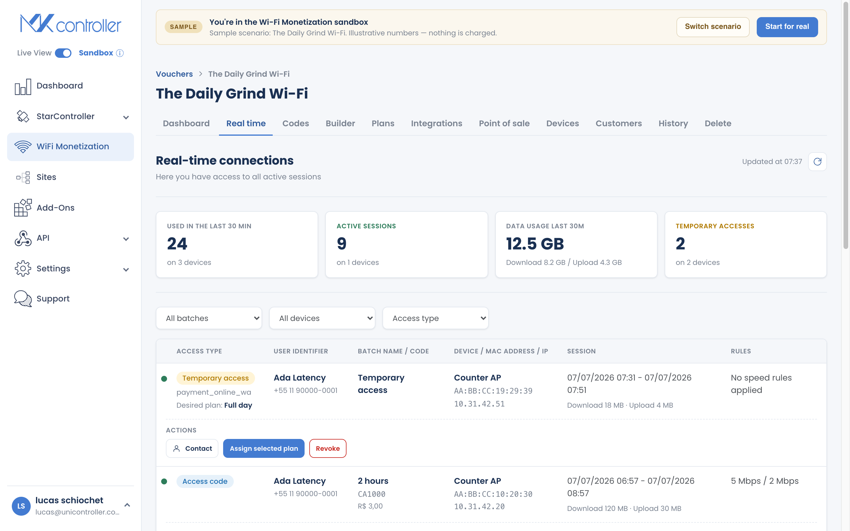 Realtime tab listing active guest sessions with per-row actions