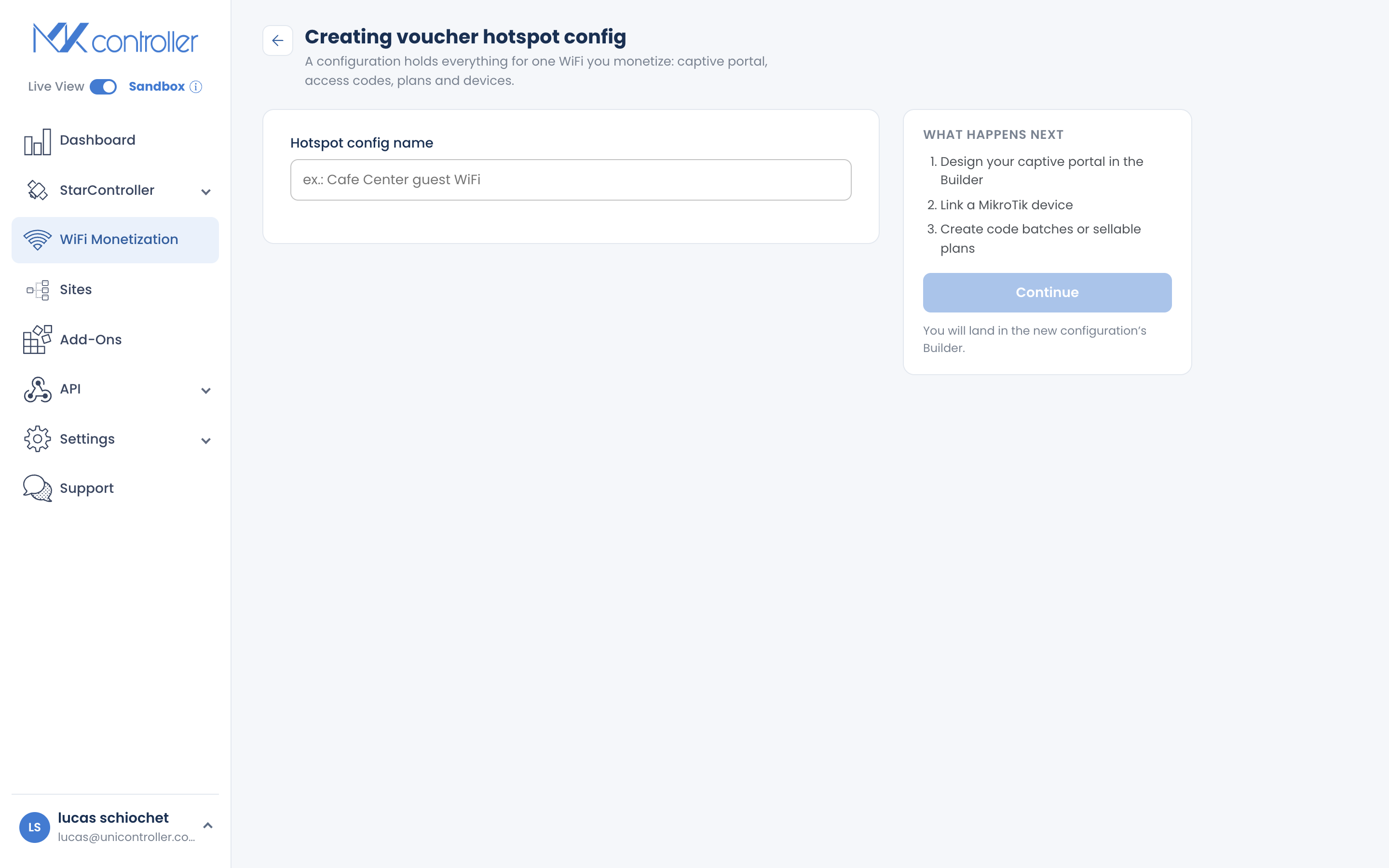 Creating a new voucher in MKController WiFi Monetization
