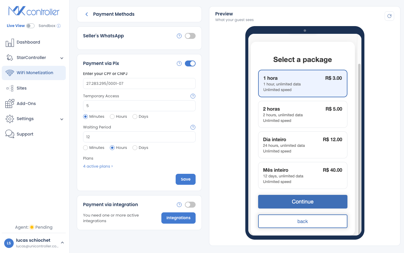 Enabling Pix and payment methods for the captive portal