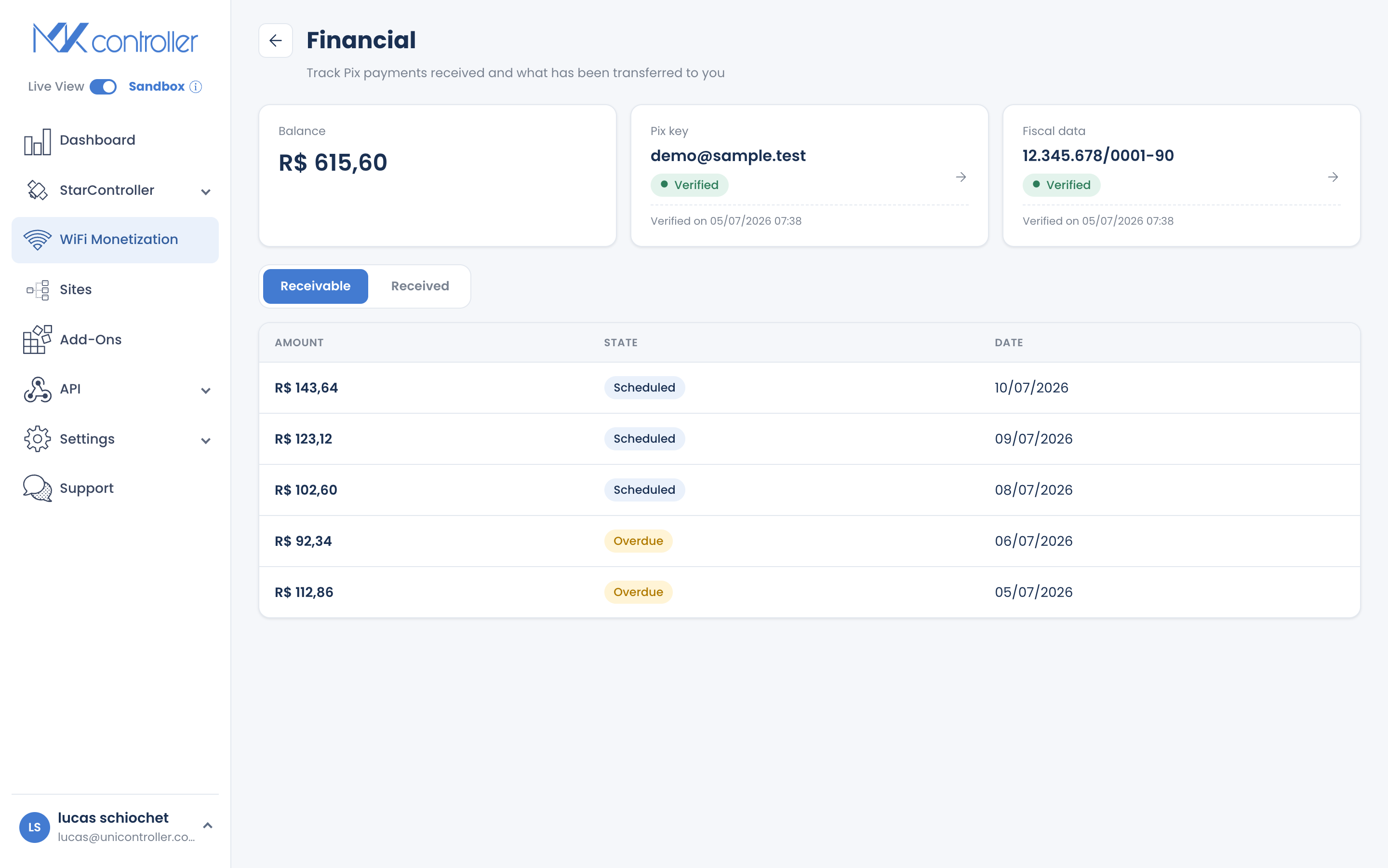 Payout screen with balance, Pix key, and fiscal document cards