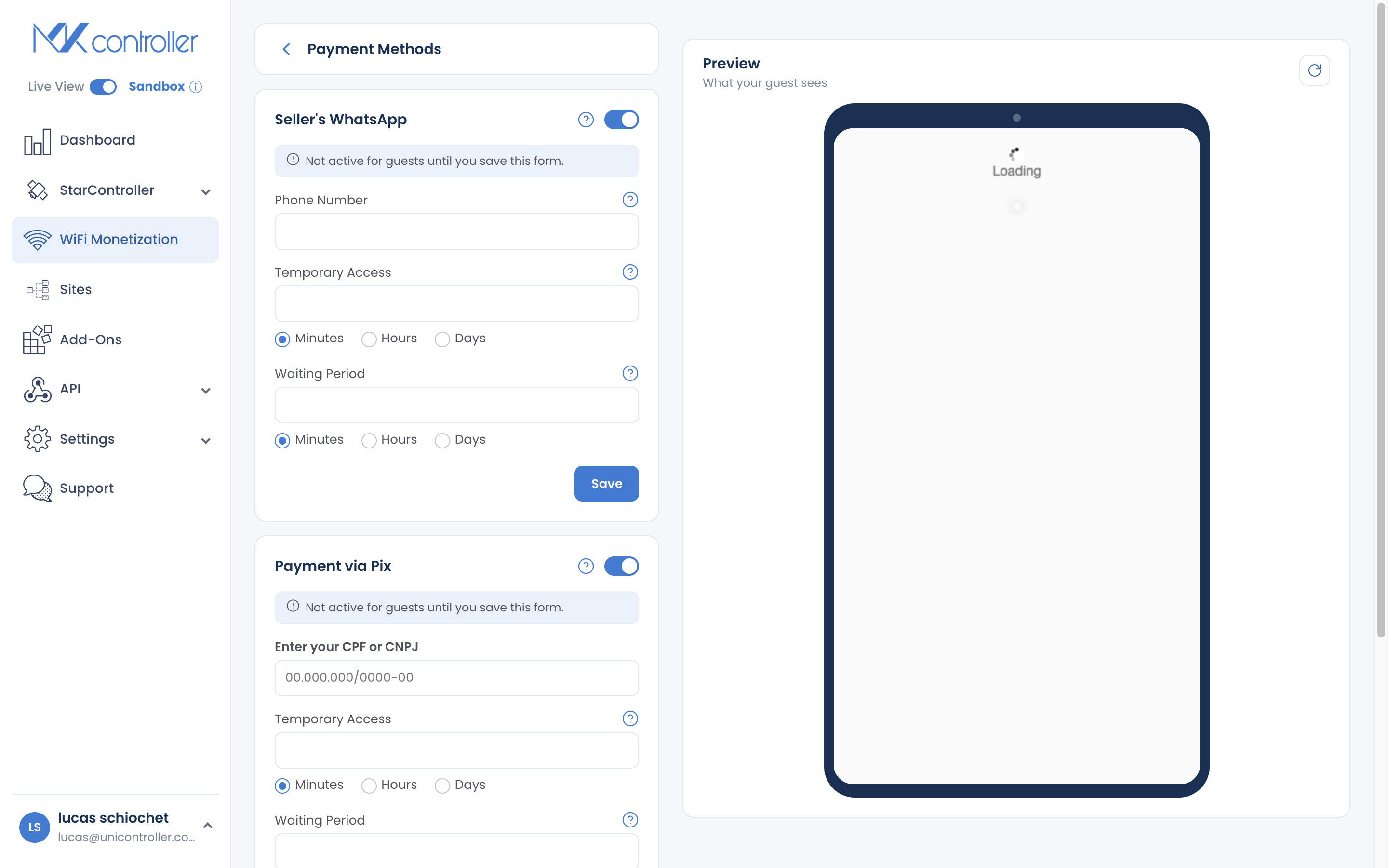 Payment Methods screen with Pix, WhatsApp, and integrations