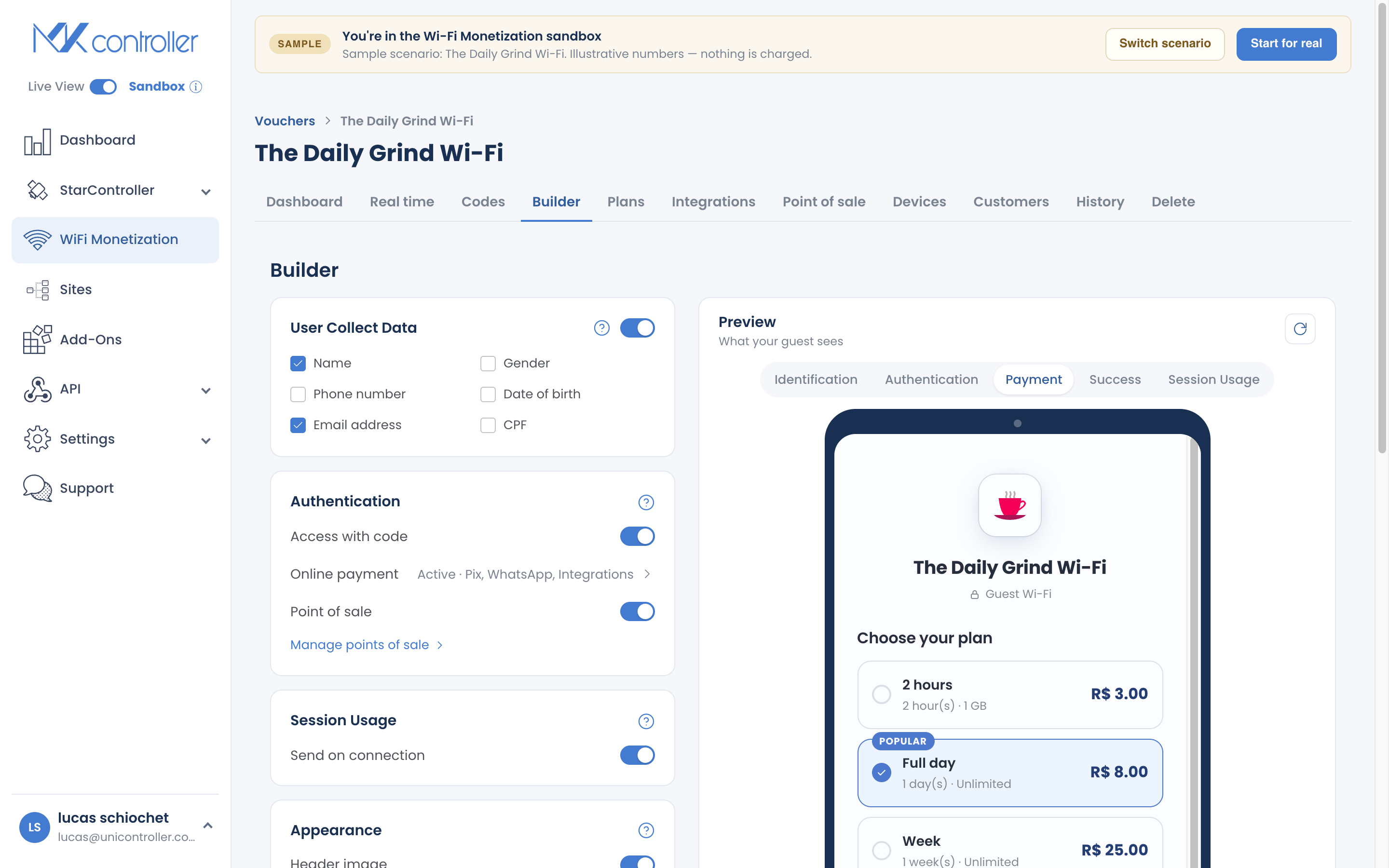Guest Pix payment screen with copia-e-cola code on the captive portal