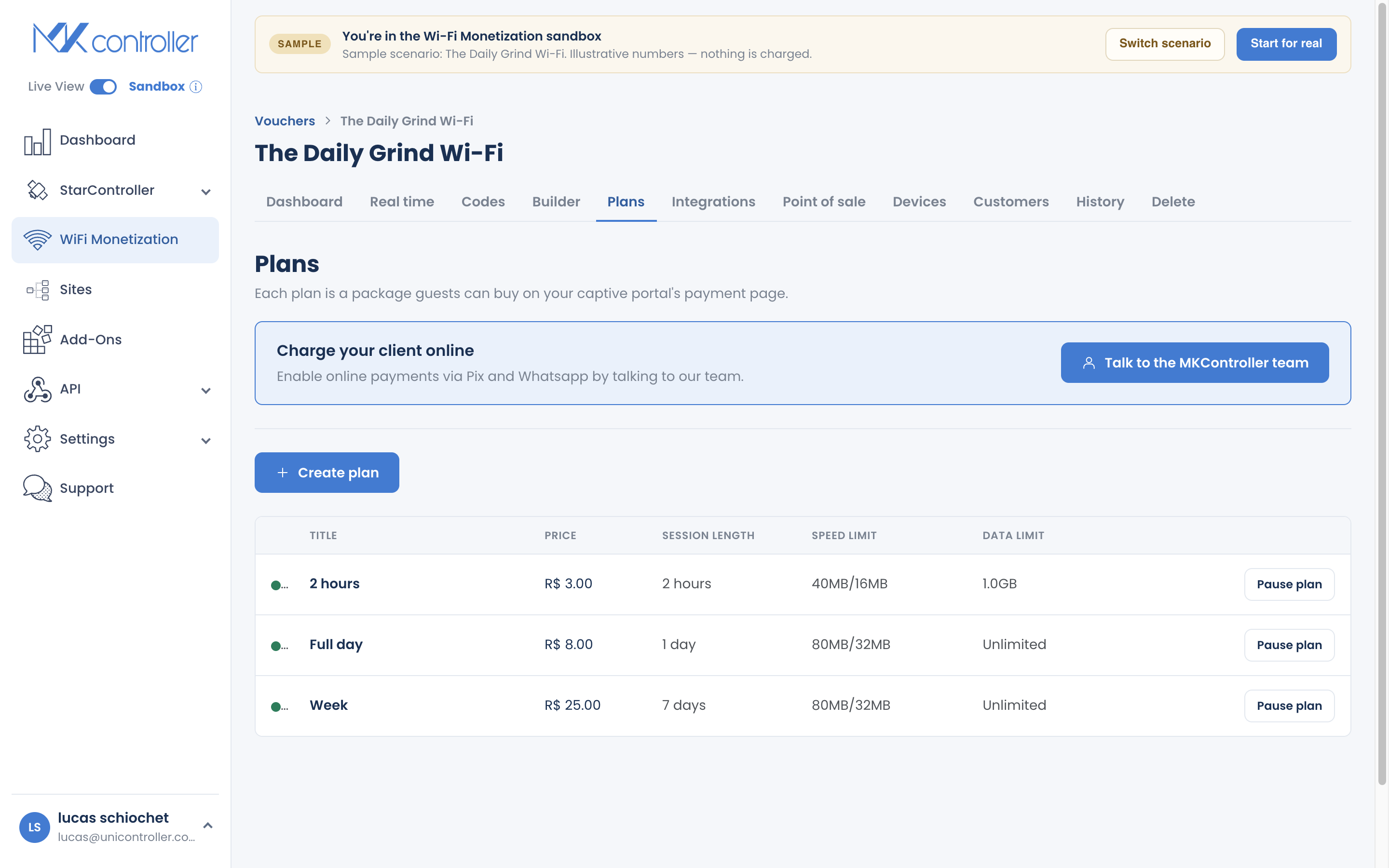 Plans section listing online plans in WiFi Monetization