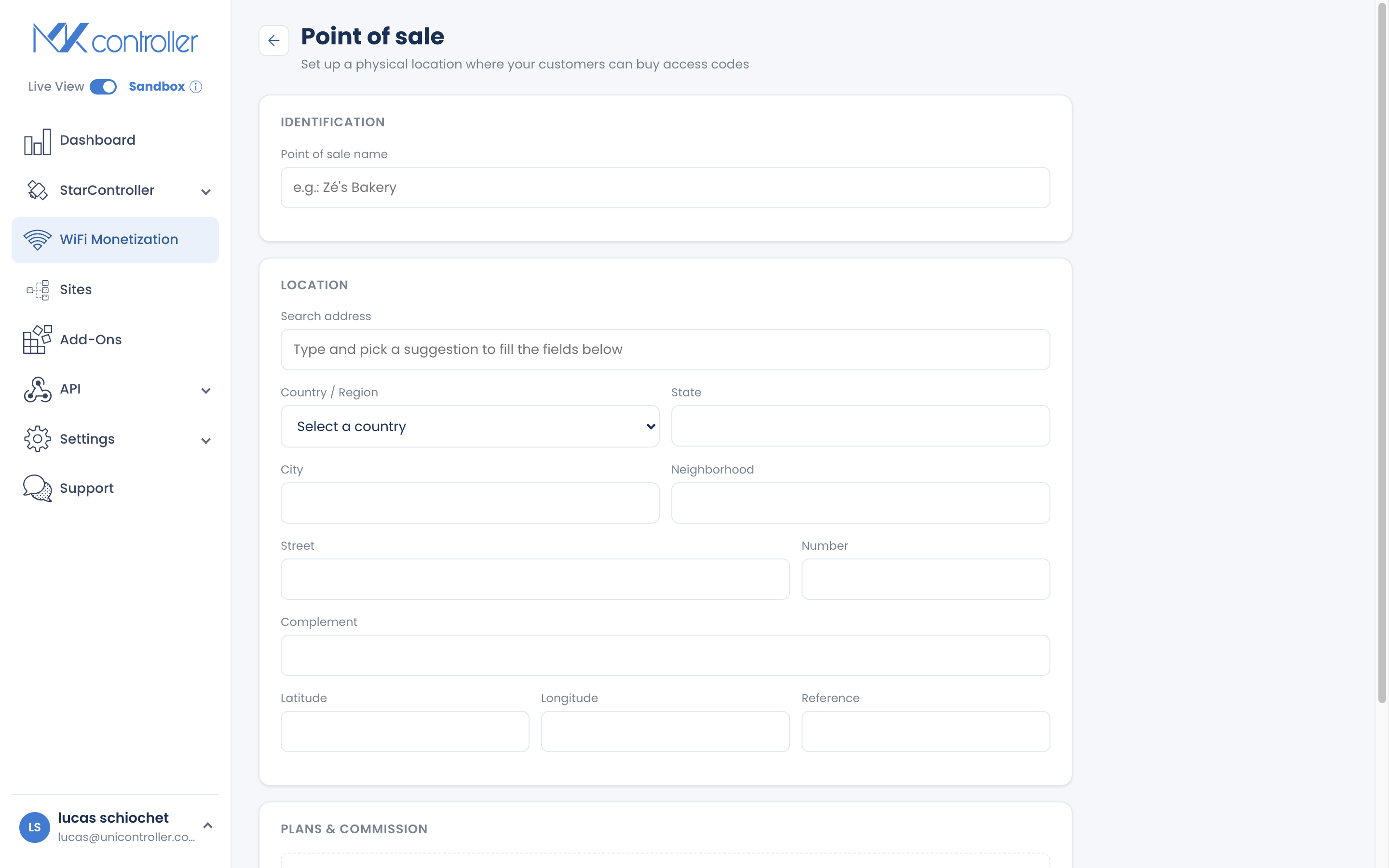 POS editor with reseller name, location, plans, and commission