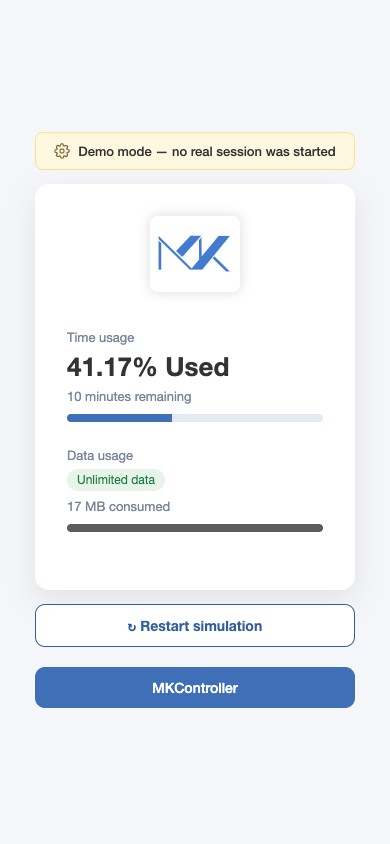 Tela de status conectado com tempo e consumo de dados ao vivo
