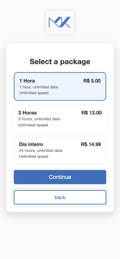 Seleção de plano: 1 hora, 3 horas ou dia inteiro
