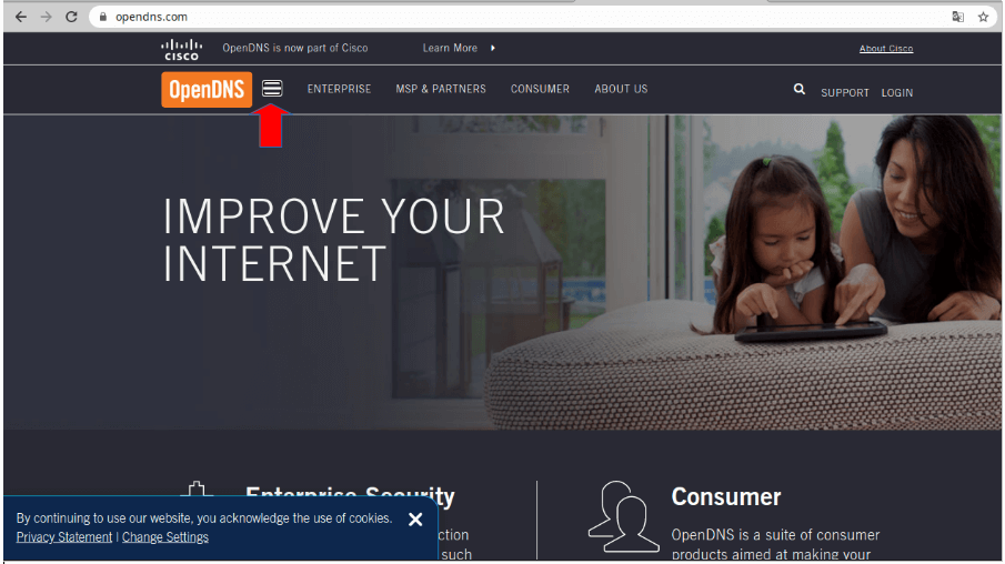 Mostrar a localização do Menu do site da OpenDNS. Acessar o Menu do site da OpenDNS.