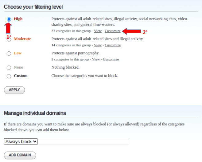 Escolher o nível de bloqueio da OpenDNS.