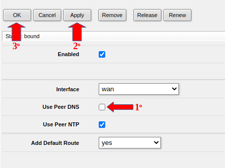 Desmarcar a opção User Peer DNS no DHCP Client.