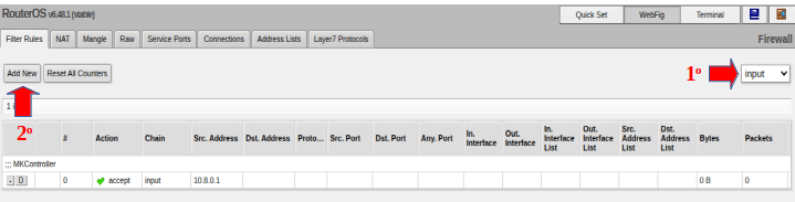 Adicionar regra no Firewall no Mikrotik.