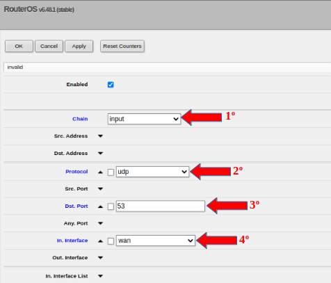 Adicionar regra para bloqueio da porta 53 UDP no Firewall Mikrotik.