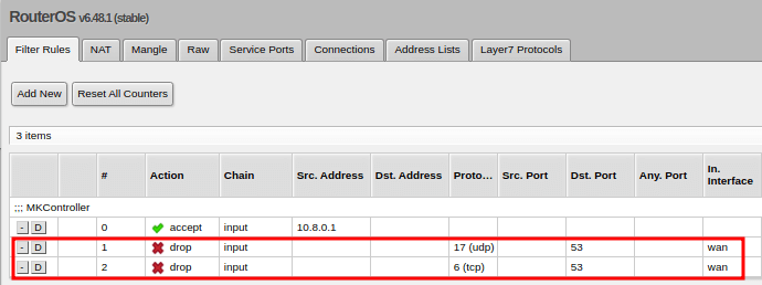 Verificar regras criadas no Firewall Mikrotik.