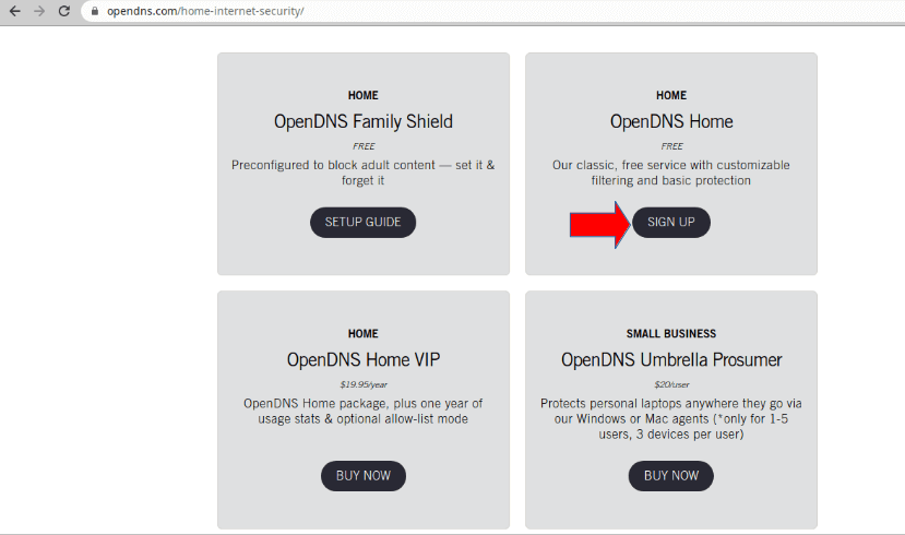 Sign UP OpenDNS Opção Sign Up do site da OpenDNS.