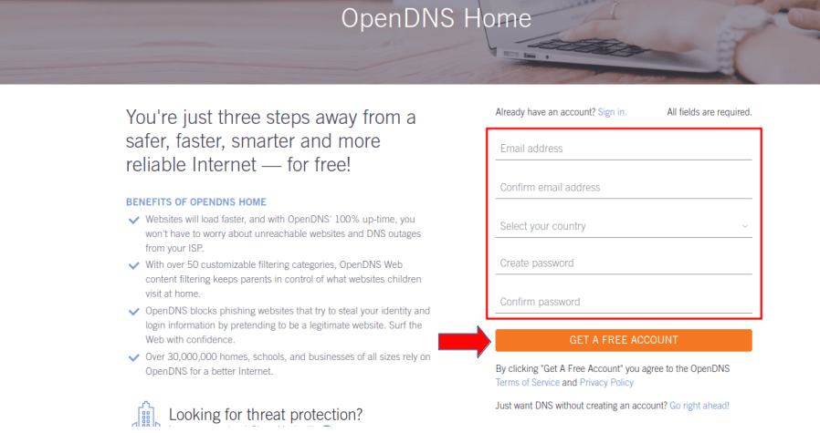 Formulário OpenDNS Formulário acesso aos serviços da OpenDNS.