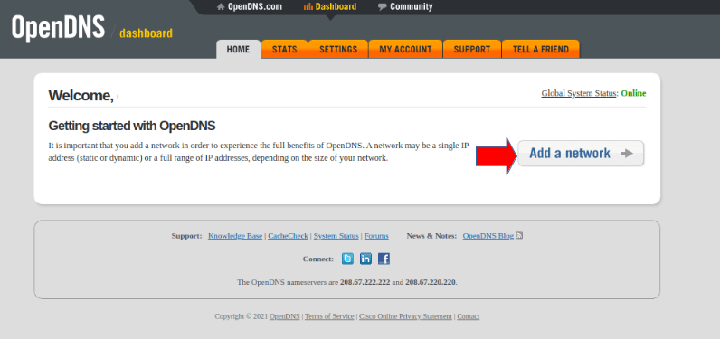 Adicionar rede Adicionar uma rede ao OpenDNS.