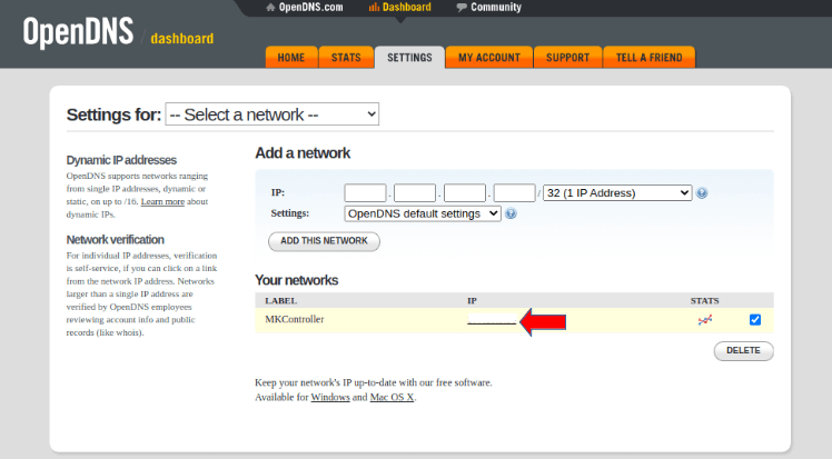 Selecionar o IP para definir o nível de bloqueio da OpenDNS.