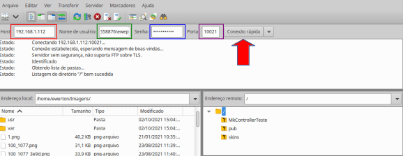 Conectando ao Mikrotik pelo FPT com o software FileZilla para realizar transferência de arquivos via FTP.