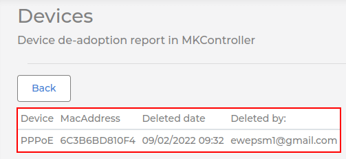 Exemplo de Relatório de exclusão de dispositivos na plataforma MKController.