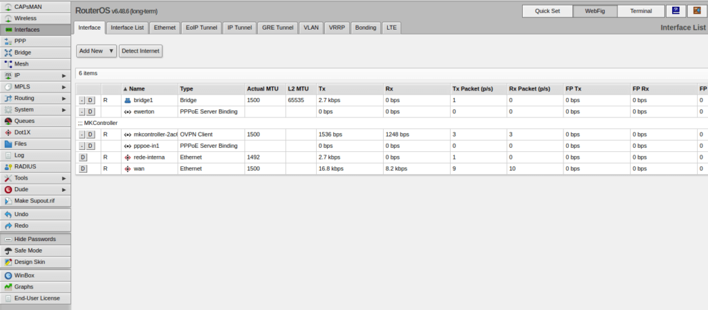 Webfig screen for access a Mikrotik RB remotely.