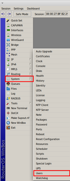 User option in Winbox for Mikrotik Security.