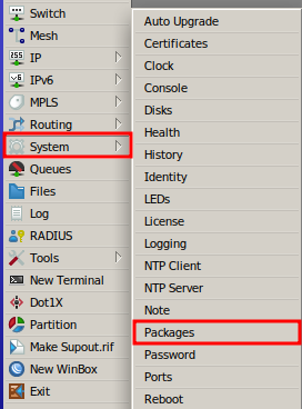 Acessando a opção Packages para Atualização do RouterOS MikroTik.