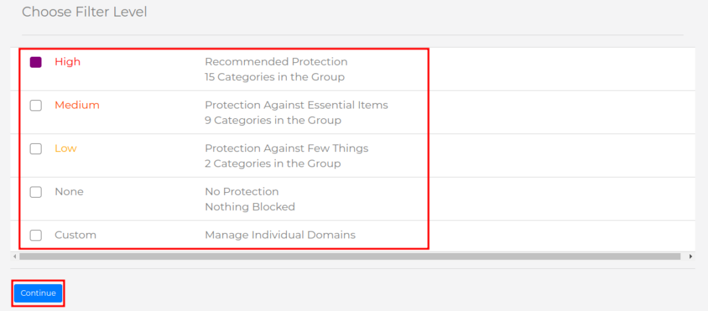 Escolhendo categoria de bloqueio no Filtro de Conteúdo DNS da MKController.