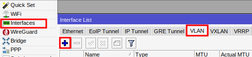 Menu Interfaces para criar VLANs no Mikrotik.