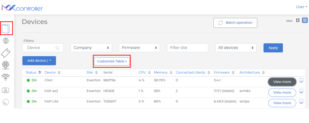 Opção de Tabela customizada das Informações do Mikrotik.